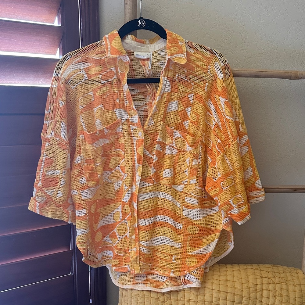 Orange and Yellow Knit Crochet Button-Up Blouse